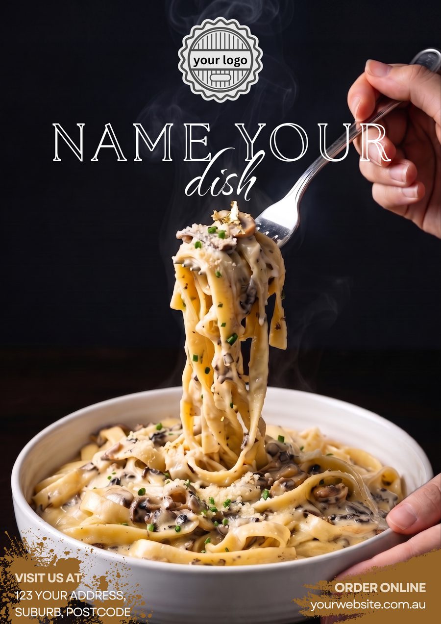 The finished post: the same bowl of pasta, relit on a dark background with the dish name and branding laid over it.