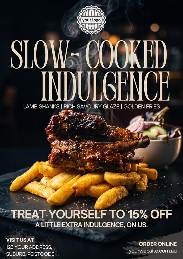 A finished post: slow-cooked lamb shanks with golden fries, styled on a dark background with the offer laid over it.
