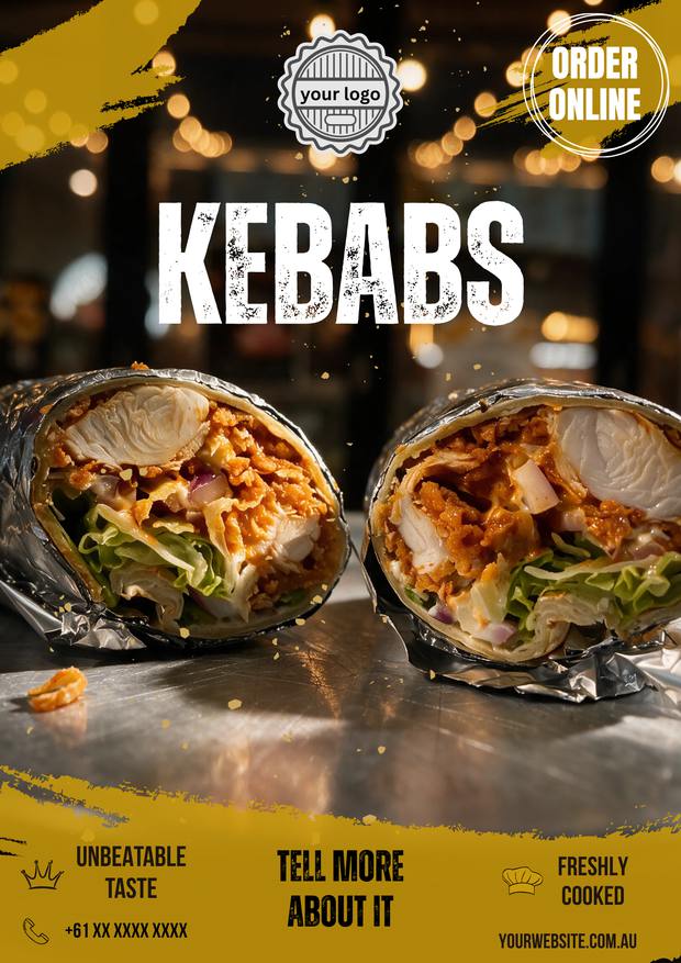 A finished post: two chicken kebabs on a steel counter under warm lights, with the shop's name across the top.