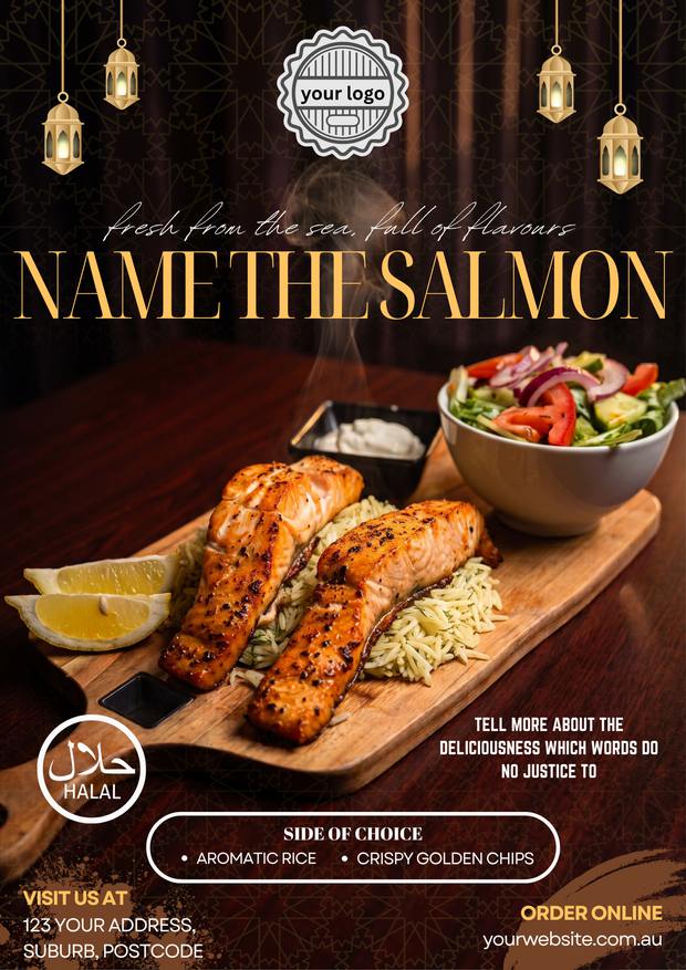 A finished post: grilled salmon fillets on rice with a side salad, framed with lanterns and a halal badge.