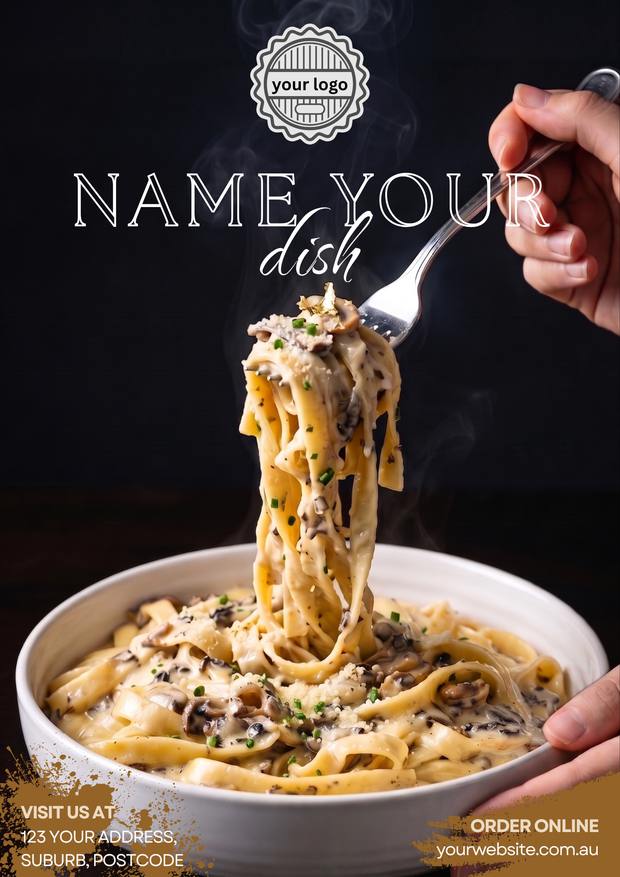 A finished post: a bowl of creamy mushroom pasta being lifted on a fork, relit on a dark background.